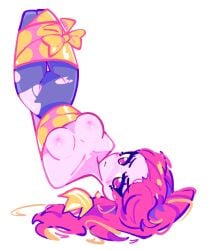 blush breasts breasts_out crown dizzyisdizzy female flustered hands_behind_back leggings long_hair looking_at_viewer oc ponytail red_eyes red_hair ribbon_bondage ribbons simple_background solo tied_up topless torn_leggings upside-down white_background