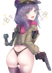 absurdres ass black_thighhighs black_thong blue_eyes cameltoe commentary_request from_behind girls'_frontline girls'_frontline_2:_exilium gun handgun hat heart highres huge_ass ksenia_(girls'_frontline_2) martinreaction mechanical_arms oerba_yun_fang open_mouth purple_hair red_shirt shirt skin_fang stechkin_(girls'_frontline) stechkin_aps thighhighs thong weapon