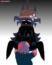 2girls 4_arms agetha_(kaaatie) anova_(kaaatie) black_body crying cunnilingus flower flower_on_head fundamental_paper_education hanged hat horns lesbian magalnik nipples noose oh_my_god purple_hair purple_nipples rope self_upload sweat sweatdrop sweating tagme white_background yuri