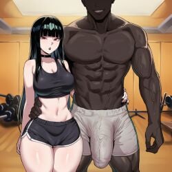 1boy abs ai_generated black_choker black_hair black_lips black_nails black_shorts black_sports_bra blunt_bangs breasts bulge cameltoe choker cleavage crop_top cuckold dark-skinned_male dark_skin dolphin_shorts dumbbell erection faceless faceless_male female grin gym hand_on_another's_hip indoors interracial large_breasts long_hair midriff muscular muscular_male navel netorare open_mouth red_eyes short_shorts shorts smile sports_bra straight thighs veins very_dark_skin zeulzin