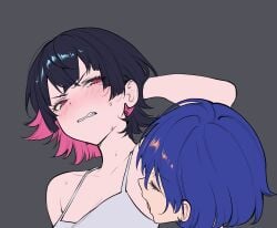 2girls alternate_version_available animated animated_gif arm_up armpit armpit_fetish armpit_licking bakushin_o_armpit_gif_(meme) bare_shoulders belle_(zenless_zone_zero) black_hair blue_hair blush colored_inner_hair ellen_joe gif grey_background highres licking licking_armpit mole mole_under_eye multicolored_hair multiple_girls pink_eyes pink_hair qiandaiyiyu sharp_teeth short_hair simple_background teeth tongue tongue_out two-tone_hair upper_body yuri zenless_zone_zero