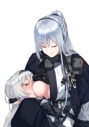 2girls 746kuchiku ak-12_(girls'_frontline) an-94_(girls'_frontline) blue_eyes blush breastfeeding breasts breasts_out closed_eyes clothing female female_only girls'_frontline grey_hair long_hair multiple_girls one_breast_out open_clothes ponytail sucking_nipples yuri