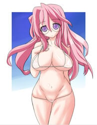 breasts female female_only glasses hips huge_breasts human kuroore large_breasts long_hair lowleg lowleg_bikini lucky_star miyuki_takara pink_hair purple_eyes pussy see-through solo swimsuit uncensored wide_hips