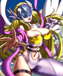 angel angel_wings angewomon ass big_ass big_breasts blonde_hair blush dat_ass detailed_background digimon digimon_(species) female female_only helmet hi_res legwear light-skinned_female light_skin long_hair looking_at_viewer looking_back looking_back_at_viewer rear_view shaded sky sky_background solo thick thick_ass thick_thighs thigh_squish vermadis2x wings yaki_chun