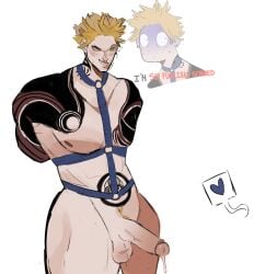 1male blonde_hair bondage confident_smile dardez dripping_cum enjin_(gachiakuta) fully_nude male_only tattoos tied_up white_background yellow_eyes