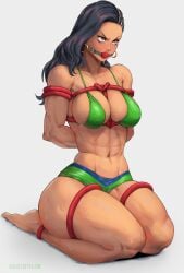 1girls abs artist_name ball_gag bdsm bikini black_hair blush bondage breasts dark-skinned_female dark_skin gag glaring green_bikini highres1girl juiceofyellow juiceofyellowstreet_fighter laura_matsuda mixed-language_commentary muscular muscular_female red_eyes solo street_fighter_v street_fighter_vlaura_matsudaabsurdres strong sweat swimsuit thick_thighs thighs