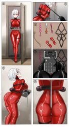 anal_beads arms_behind_back bodysuit bondage bound bound_arms bound_hands collar female female_only femsub fully_clothed gloves jijingzishui latex latex_clothing latex_gloves latex_suit png red_clothing red_eyes red_latex sex_toy shiny_clothes tight_clothing white_hair