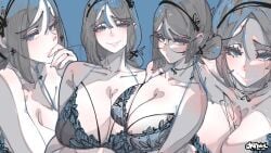 1girls absurdres artist_name between_breasts black_hairband blue_background blue_bra blue_eyes blue_hair bra breasts cleavage closed_mouth collarbone commentary double-parted_bangs english_commentary female female_only glasses grey_hair hair_between_eyes hair_bun hair_ornament hairband highres jrpencil large_breasts looking_at_viewer multicolored_hair multiple_views original parted_lips raised_inner_eyebrows short_hair simple_background single_hair_bun smile two-tone_hair underwear underwear_only unworn_eyewear x_hair_ornament