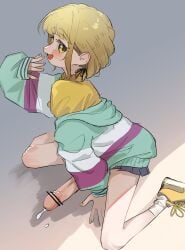 1futa big_penis blonde_hair cum cute_fang erection frogsnake futanari looking_at_viewer on_ground oversized_clothes oversized_sleeves penis skinny smug spread_legs