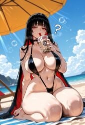 ai_generated beach beach_background big_ass big_breasts big_butt big_thighs black_hair coffee female female_only huge_ass huge_breasts huge_butt huge_thighs jabami_yumeko kakegurui miyuai one-piece_swimsuit question_mark red_eyes sexy sexy_body solo thick thick_ass thick_butt thick_legs thick_thighs