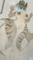 anthro areola areolae big_breasts elan_(shark) female female_focus female_only fish hi_res looking_at_viewer marine multicolored_hair nipples pressed_on_glass shark shark_girl shark_tail sharp_teeth shower smile steam vagina water