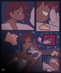 1futa 1girls afrolatina amity_blight bed blightstar bottomless bra bra_strap_down brown_hair canon_couple comic cowgirl_position earrings erection erection_in_panties girlfriends hand_on_ass hand_on_head heart human internal kissing_penis luz_noceda part_of_a_set purple_hair riding riding_penis smile spoken_heart tagme the_owl_house undressing witch