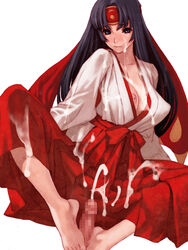 1boy 1girls barefoot black_eyes black_hair blush breasts censored cum cum_on_body cum_on_breasts cum_on_clothes cum_on_hair cum_on_hakama cum_on_skirt cum_on_upper_body disembodied_penis erection facial feet female female_focus footjob hakama hakama_skirt headband human japanese_clothes long_hair male miko mosaic_censoring nipple_slip nipples partial_male penis puffy_nipples queen's_blade saiki_keita spread_legs straight tomoe