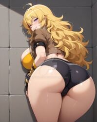 against_wall ahoge ai_generated ass ass_focus backboob bent_over black_gloves black_shorts blonde_hair blush breasts brown_jacket cameltoe clothing cropped_jacket female female_only fingerless_gloves from_behind gauntlets gloves grin huge_ass jacket large_breasts leaning_forward long_hair looking_at_viewer looking_back micro_shorts mpheles89 panties parted_lips patreon_username purple_eyes rwby shiny_skin short_sleeves shorts smile solo thick_thighs thighs trefoil underwear wavy_hair web_address yang_xiao_long