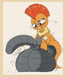 absurd_res anthro badartist balls big_balls big_penis bodily_fluids cock_vore cum cum_vore digestion generation_5_pokemon genital_fluids genitals hi_res lizard male nintendo penile penis pokemon pokemon_(species) reptile scalie scrafty solo vore