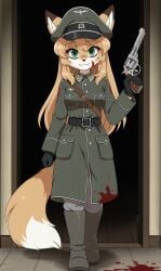 ai_generated averi_(fiddleafox) clothing creepy female green_eyes gun looking_at_viewer revolver uniform