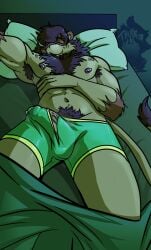 absurd_res anthro armpit_hair bedroom bodily_fluids body_hair boxers_(clothing) boxers_only bulge chest_hair clothed clothing dude_lyena erection erection_under_clothing genital_fluids hi_res male male_anthro musk musk_cloud musky_armpit musky_balls musky_penis nipples precum pubes sleeping thekinkybear topless underwear underwear_only