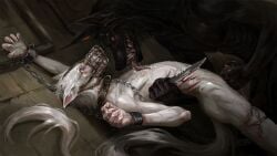 alaiaorax albino anthro anubis assault basement black_body blood bodily_fluids bondage canid canine chains collar cuff_(restraint) dark deity duo egyptian_mythology forced hi_res iron_cuffs knife licking male male/male mammal masturbation metal_cuffs middle_eastern_mythology muzzle_(object) mythological_canine mythological_creature mythology pipe rape restraints scared sex skinny tongue torture werecanid werecanine werecreature werewolf white_body wounded