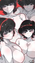 1girls absurdres artist_name black_eyes black_hair breasts closed_mouth commentary earrings english_commentary female female_only glasses hairband highres jewelry jrpencil large_breasts looking_at_viewer mole mole_on_breast multiple_views no_nipples nude original parted_lips red_background red_hairband seductive_smile short_hair simple_background smile