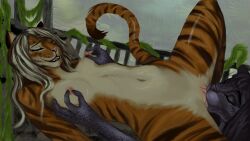 16:9 4k absurd_res anthro bodily_fluids breasts brisha brishaart digital_media_(artwork) duo felid female female/female fur genital_fluids genitals hair hi_res licking mammal nipples nude pantherine sex tail tiger tongue vulva widescreen