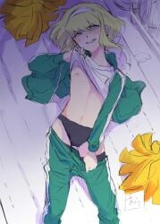 1boy androgynous black_legwear blush bulge cheerleader clothing femboy femboy_only lio_fotia looking_at_viewer male male_only nipples panties petite petite_body pov promare removing_clothing shirt_lift slim slim_male slim_waist solo stockings stripping thighhighs undressing