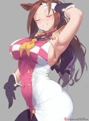 1girls animal_ears armpit armpits bakushin_o_armpit_gif_(meme) big_breasts blush breasts brown_hair closed_eyes clothed confident confident_smile dress duffmox epaulettes exposed_armpits female female_only gloves grey_background hair_accessory hand_on_forehead highres hips kemonomimi light-skinned_female light_skin long_hair navel_visible_through_clothes one_arm_up posing sakura_bakushin_o_(umamusume) shaved_armpit sideboob smile smirk solid_color_background solo standing tight_clothing tight_fit umamusume waist