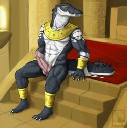 abs animal_genitalia animal_penis ankh anthro armor big_penis black_body body_armor bottomless carpet claws cloacal_penis clothed clothing countershade_torso countershading crocodile crocodilian crocodilian_penis cultmastersleet dematraxus genital_slit genitals hi_res male markings muscular muscular_male pecs penis reptile scalie sharp_teeth sitting snout solo spiked_tail spikes spikes_(anatomy) stairs stone_column stone_floor tail teeth toe_claws vein veiny_penis