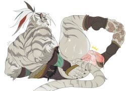 afk_arena afk_journey anal anthro anus balls bodily_fluids clothed clothing digital_media_(artwork) erection felid fur genital_fluids genitals hair hi_res kantocryz kordan_(afk_journey) lilith_games male mammal muscular muscular_anthro muscular_male nipples nude pantherine penile penis puffy_anus simple_background solo tail tiger