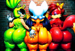3girls ai_generated back brick_wall cellulite cropped_legs curvy eyeliner eyeshadow fiona_fox from_behind girl_sandwich grabbing_another's_ass half-closed_eyes huge_ass kneepits knottagooner legs_apart looking looking_at_viewer love_handles median_furrow narrow_waist night outdoors pear-shaped_figure rouge_the_bat sega shortstack sonic_(series) sonic_the_hedgehog_(series) surge_the_tenrec tail thick_thighs wide_hips wings
