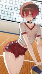 1boy 9:16 ai_generated bent_over black_choker black_earrings blush brown_eyes brown_hair bulge bulge_through_clothing bulge_to_side bulge_under_clothes collarbone covered_nipples cross_earrings dutch_angle earrings femboy femboy_focus gradient_eyes gradient_hair gym_clothes gym_shirt gym_shorts gym_uniform hair_between_eyes heart_choker heart_o-ring highres indie_virtual_youtuber indoors kind_guy_sayoru large_penis light-skinned_femboy light-skinned_male light_skin looking_at_another male_focus multicolored_hair navel otoko_no_ko penis penis_outline penis_under_clothes petite petite_femboy petite_male pink_hair playing_sports red_hair red_shorts school_gym schoolboy see-through see-through_clothing self_upload shiny_skin short_hair single_earring slim slim_femboy slim_male small_testicles soplon sportswear steam steaming_body sweat sweatdrop sweaty_body tight_clothing virtual_youtuber volleyball volleyball_(object) volleyball_net wet_clothes white_shirt yellow_eyes