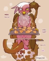 anthro avian beak biped bodily_fluids brown_body brown_fur brown_tail clothing cold-blooded-twilight cum dialogue drooling female fur genital_fluids gryphon hi_res looking_at_viewer mythological_avian mythological_creature mythology pupils saliva simple_background solo standing sweat tail text wings yellow_eyes