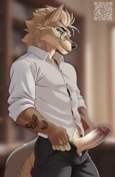 anthro arm_tattoo arthropod canid canine canis coyote erection eyewear flashing_penis fleki genitals glans glasses hi_res howard_moth insects lepidopteran looking_at_viewer male mammal mature_anthro moth penis professor solo tattoo