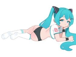 aqua_eyes aqua_hair ass cropped_shirt female hand_on_cheek hatsune_miku highres hochihochiha hochihochihavocaloid long_hair looking_at_viewer lying lying_on_stomach simple_background smile smiling_at_viewer smug socks solo sweatband twintails white_background