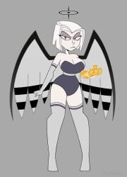 1girls angel angel_girl angel_wings aureola bare_shoulders big_breasts clothed clothing color deebz female female_focus female_only gloves hazbin_hotel hi_res large_breasts light-skinned_female light_skin looking_at_viewer lute_(hazbin_hotel) short_hair solo solo_female stockings tagme thick_thighs vivienne_medrano white_hair yellow_eyes