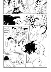 animal_ears black_hair book breasts cat_ears choker collar comic copyright_request dildo english_text highres monochrome nude oral penis pillow poorly_translated tail translated wet yukimi