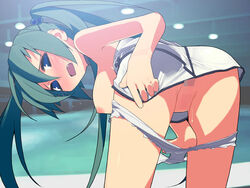 bent_over blue_eyes blush breasts censored cute_fang green_hair hands kokage kusaka_kokage long_hair nude original panties panty_pull pussy tied_hair twintails underwear