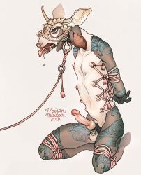 2018 8_nipples animal_mask anthro arm_tattoo arms_tied black_collar blue_eyes bodily_fluids bondage bound brown_body brown_ears canid canine canis collar domestic_dog drooling ears_down full-length_portrait genitals glans hi_res horn humanoid_genitalia humanoid_penis hybrid_genitalia hybrid_penis kneeling knot knotted_humanoid_penis knotted_penis koiranmaitoa leash leg_tattoo legs_tied male male_anthro mammal mask multi_nipple nipple_piercing nipple_ring nipples nude_anthro nude_male open_mouth penis piercing pink_glans pink_leash pink_nipples pink_nose pink_rope pink_tongue pivoted_ears portrait restraints ring_piercing rope rope_bondage saliva sharp_teeth slim_anthro slim_male solo spiked_mask tan_mask tattoo teeth tongue tongue_out