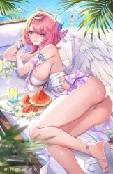 2girls ass beach belle_(zenless_zone_zero) feathered_wings hanh_chu head_rest large_breasts looking_at_viewer lounge_chair low_wings on_side ramiel_(zenless_zone_zero) short_hair sideboob smile solo_focus thick_thighs watermelon_slice white_one-piece_swimsuit white_wings zenless_zone_zero