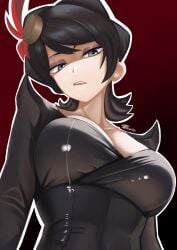 1girls big_breasts black_ black_eyes black_hair black_outfit charlie_(don't_starve) cleavage disguise disgusted disgusted_look outfit simple_background zarkua_exe