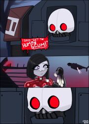 absurd_res automaton_(helldivers) black_border bodily_fluids bone border choker comic condom creambeam cum femboy genital_fluids helldivers hi_res jewelry latex machine male misunderstanding necklace not_furry robot sexual_barrier_device skull skull_head wire_hair