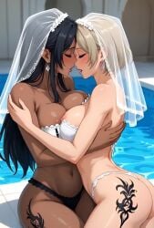 2girls ai_generated animated beige_hair black_hair blush bridal_veil closed_eyes dark-skinned_female earrings female_only honeymoon hugging kissing kissing_sound_effect large_breasts light-skinned_female long_hair married_couple moaning_in_pleasure navel newlyweds nipples passionate poolside short_hair tagme tattoo tattoo_on_butt tattoo_on_legs underwear video wife_and_wife yuri