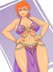 ai_generated arabian_clothes belly_dancer belly_dancer_outfit ben_10 big_ass big_breasts cartoon_network curvy curvy_body curvy_female earrings gold_jewelry green_eyes gwen_tennyson hourglass_figure jewelry large_ass large_breasts looking_at_viewer orange_hair red_hair thick_thighs wide_hips