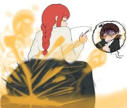 alternate_version_available big_ass chainsaw_man disgusted eye_contact fart fart_cloud fart_fetish higashiyama_kobeni kobeni_higashiyama makima_(chainsaw_man) moonsobsessions reading tagme teasing yuri