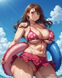 abs ai_generated ass_visible_through_thighs bare_shoulders beach bikini bikini_bottom_aside bikini_skirt blue_sky blush breasts brown_eyes brown_hair cleavage cleft_of_venus clenched_teeth clothing clothing_aside cloud collarbone curvy day earrings fat_mons female floral_print front-tie_bikini_top front-tie_top holding holding_swim_ring huge_breasts innertube large_breasts long_hair looking_at_viewer muscular muscular_female navel ocean outdoors parted_lips patreon_username pink_bikini print_bikini pussy red_bikini skirt sky solo standing stomach sunlight sweat swim_ring swimsuit teeth thick_thighs thighs toned underboob waifuai_studio water wedgie wet