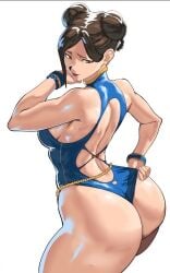 adjusting_clothes adjusting_swimsuit ass back back_cutout bare_shoulders bead_bracelet beads belly_chain blue_one-piece_swimsuit bracelet bracelets braid breasts brown_eyes brown_hair capcom chun-li closed_mouth clothing_cutout commentary cowboy_shot double_bun embarrassed english_commentary female from_behind from_side hair_bun jewelry looking_down medium_breasts octavius_(octavius_dp) octavius_dp official_alternate_costume one-piece_swimsuit red_lips solo street_fighter street_fighter_6 swimsuit thighs white_background