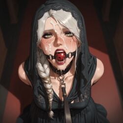 ai_generated ball_gag black_dress braid cd_projekt_red ciri cum cum_on_face falewii female female_only freckles green_eyes leash_and_collar light-skinned_female light_skin looking_at_viewer mascara saliva scar solo solo_female submissive_female the_witcher_(series) the_witcher_4 veil white_hair