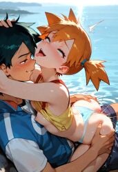 (pokemon) 1boy 1girl ahegao ai_generated ass ass_grab blush breasts clothed_sex clothes_lift clothing_aside eyes girl_on_top greymaker grin half-closed hetero kasumi_(pokemon) misty misty_(pokemon) nipples open_mouth out outdoors panties pokemon rolling_eyes saliva satoshi_(pokemon) sex shirt shirt_lift shorts side_ponytail small_breasts smile straddling sweat tank_top tongue underwear