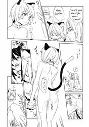 animal_ears bed black_hair breasts cat_ears choker collar comic copyright_request highres monochrome nude penis poorly_translated tail translated wet yukimi