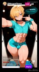 1boy abs ai_generated anus ass basket big_ass big_butt blonde_hair blue_eyes boy bulge chat choker curvy curvy_body curvy_figure english_text fat_ass femboy femboy_focus femboysub feminine_body feminine_male fitness fitness_influencer flat_chest gay girly huge_ass livestream male male_only minishorts morgan_pitfall(oc) noctzurn selfie selfie_pose solo streamer streaming text text_bubble thick_ass thick_hips thick_thighs thighs yaoi