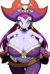 1girls ai_generated bare_shoulders big_breasts breasts bursting_breasts bursting_clothes cleavage clothed clothes clothing earrings eyebrows eyelashes facing_viewer female female_only front_view giant_breasts hips hoop_earrings huge_breasts human human_only hyper_breasts large_breasts navel pants pirate pirate_hat pov purple_body purple_skin red_eyes risky_boots sea shantae ship skull solo solo_female thick thick_thighs thighs tube_top tubetop wide_eyed wide_hips